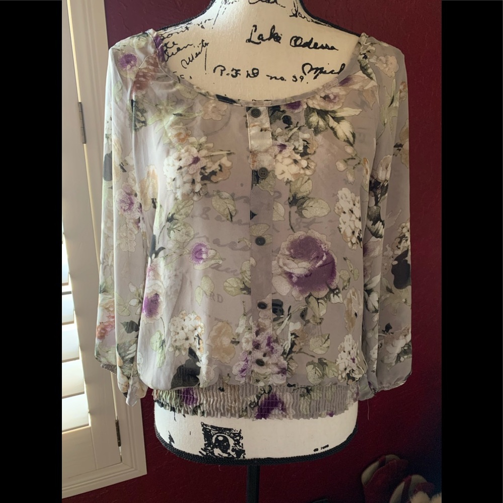 Wet Seal Gray & Purple Floral Chiffon Top